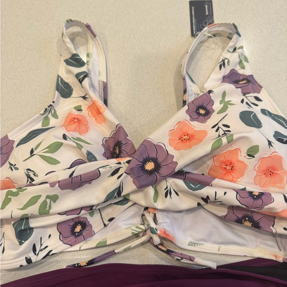 Summer Mae Floral -Solid Purple Bikini Maternity Swim Set Size:Large - Picture 4 of 10